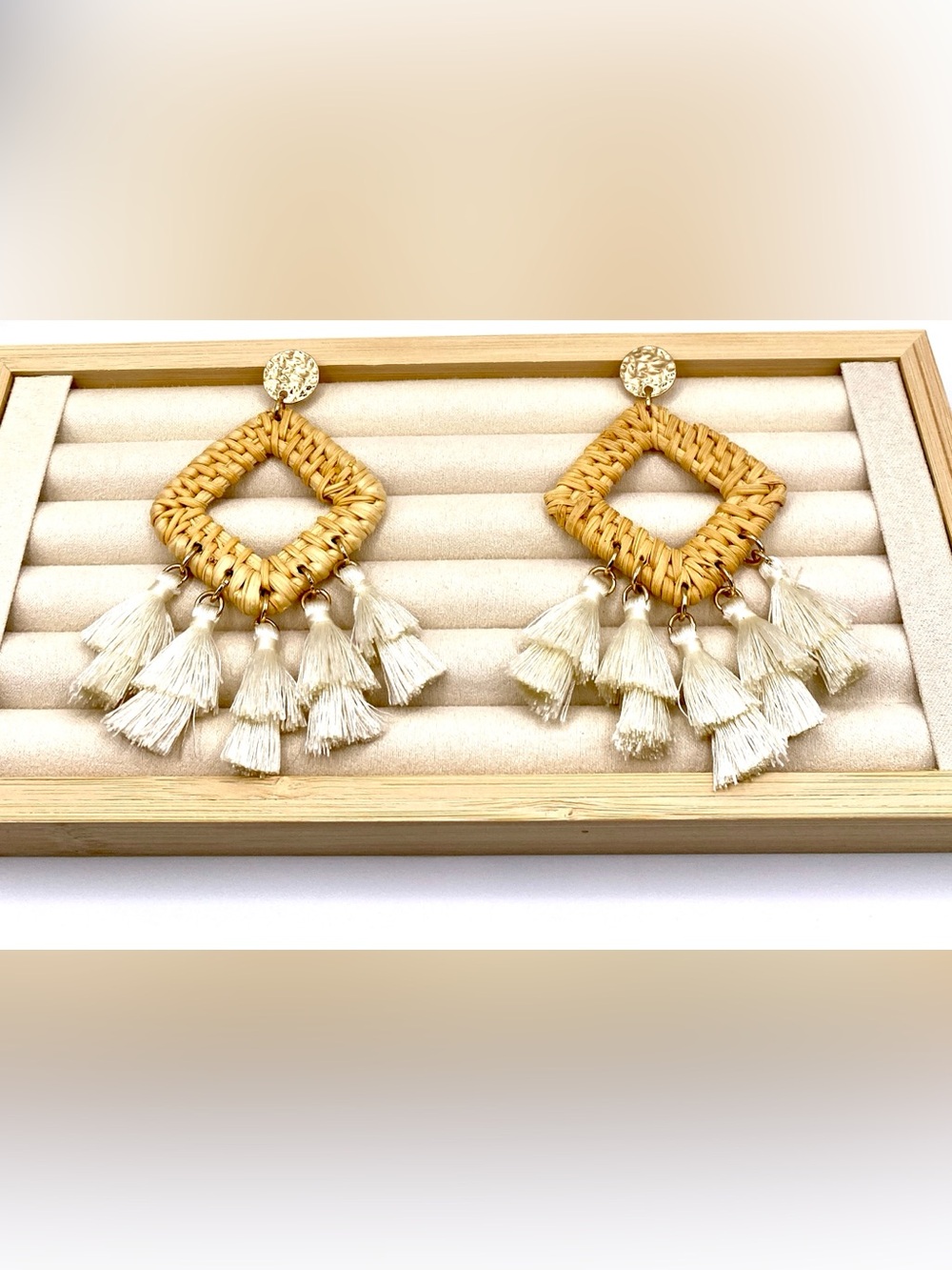 Boho Gold-Tone Woven Diamond Earrings with Cream Tassels